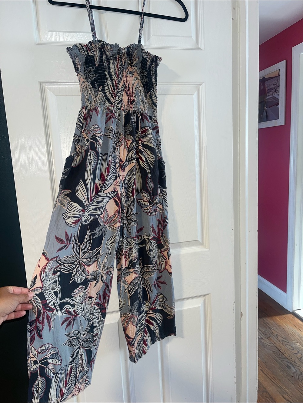 Angie Smocked Strap Jumpsuit in Gray with Black & Pink Leaf Print